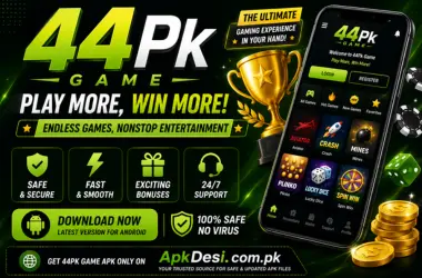 44Pk Game APK – Play More Win More Download Latest Version 2026 44Pk Game promotional banner featuring a modern Android gaming app interface with bold green and black colors, a smartphone mockup, gaming icons, gold trophy, coins, and the text 'Download 44Pk Game APK' with ApkDesi.com.pk branding.