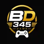 BD345 Game simple logo featuring bold white and gold 'BD345' text inside a circular gold outline with a white game controller icon on a black background. The modern, minimalist design represents a mobile gaming brand.