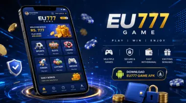 EU777 Game APK Download – Official Android Gaming App Dashboard 3D illustration of a smartphone displaying the EU777 Game dashboard with a blue and gold interface, Android APK download concept, secure login, gaming icons, digital wallet symbols, and technology background.