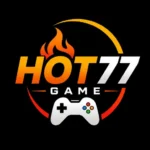 Hot77 Game logo featuring bold orange and gold gradient text with a flame icon above the word "HOT," white "77" numbers, a gaming controller at the bottom, and circular red-orange accents on a black background. The design conveys a modern, energetic, and gaming-focused brand identity.