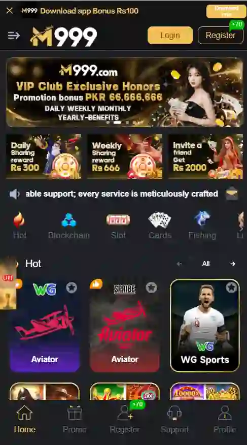 M999 Game latest version 2026 screenshot showing entertainment games, reward options, wallet features, and user-friendly interface in Pakistan.