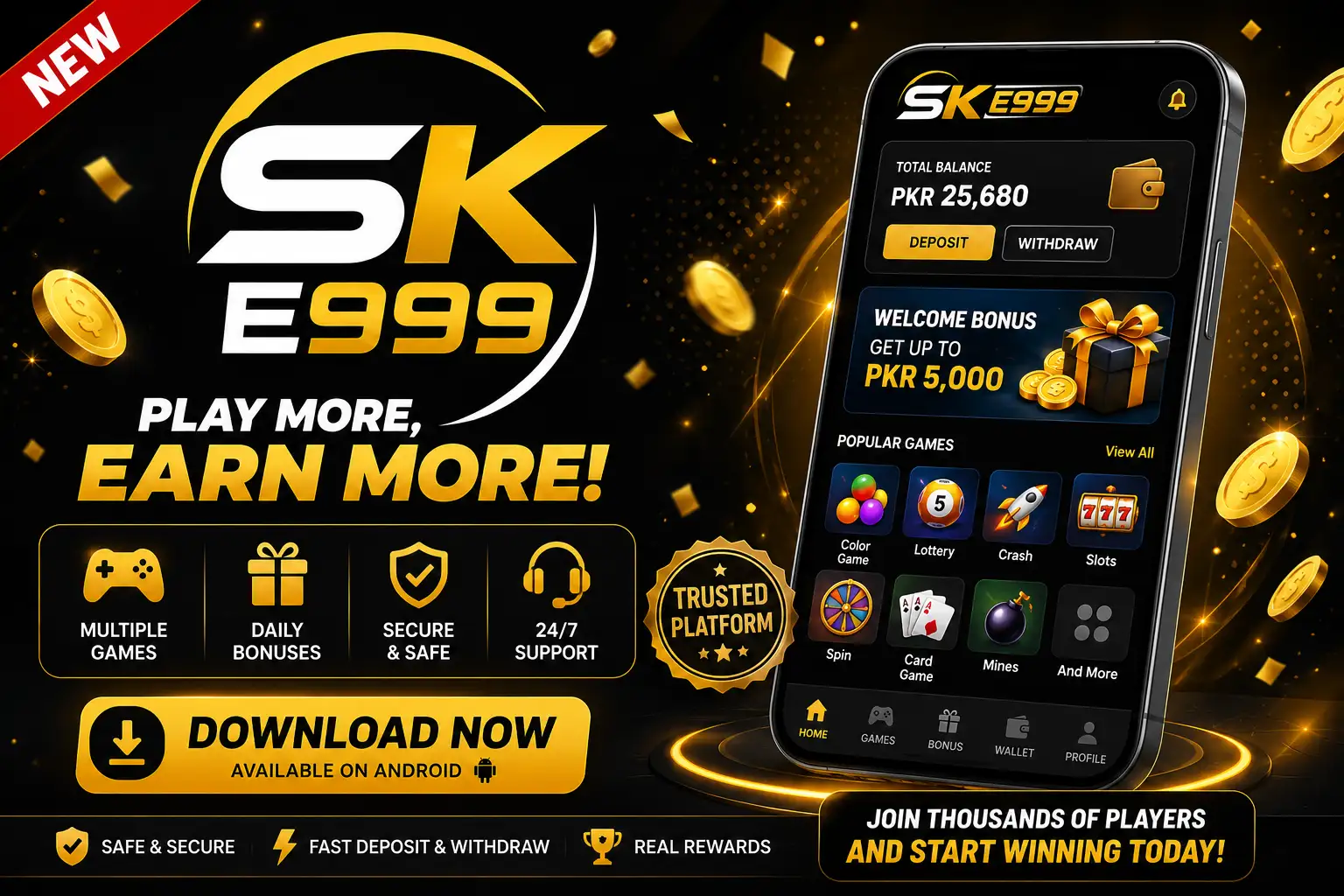 SK E999 Game 1 SK E999 promotional banner featuring a black and gold design with floating coins, a smartphone displaying the SK E999 gaming app, welcome bonus offer, multiple game categories, daily rewards, secure payments, 24/7 support, and a large “Download Now” call-to-action for Pakistani users.