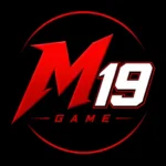 Stylish M19 Game logo featuring a bold red letter M with white 19 outlined in red on a black background, designed in a modern gaming style for Android APK branding.