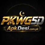 PKWG5D Download latest APK logo featuring a gold and silver 3D PKWG5D design with ApkDesi.com.pk branding on a black premium background.