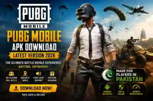 Landscape promotional banner of PUBG Mobile APK Download featuring battle royale gameplay, Android support, and Pakistan players.