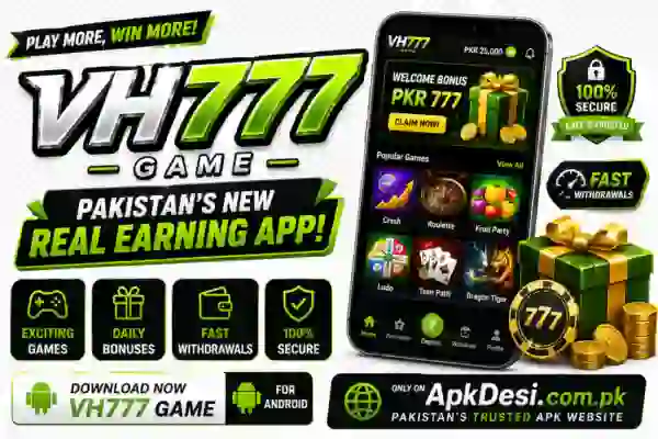 VH777 Game promotion banner with ApkDesi.com.pk logo and download button.